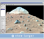 This 3D image of the approach to 'Adirondack' was generated using Viz virtual reality software from NASA Ames and NVIDIA Quadro graphics. Spirit's Rock Abrasion Tool will be used to flatten an area of the rock for closer examination with its Microscopic Imager. Image courtesy NASA Ames/JPL/Cornell.