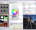 FX Composer 2 is an integrated development environment for shader authoring, enabling fast creation of real-time visual effects. This screenshot shows a complex scene with several materials, animation, scripting, shadows, and a high dynamic range colour picker.