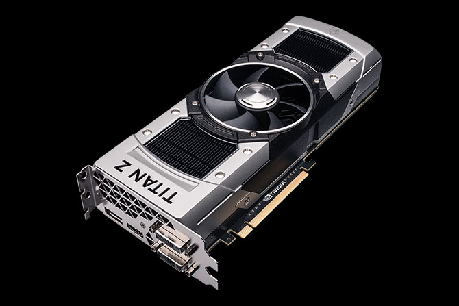 Angled view of the GeForce GTX TITAN Z graphics card